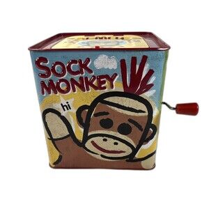 Sock Monkey JACK IN BOX Toy SCHYLLING 2008 Kids Childrens Metal Toys